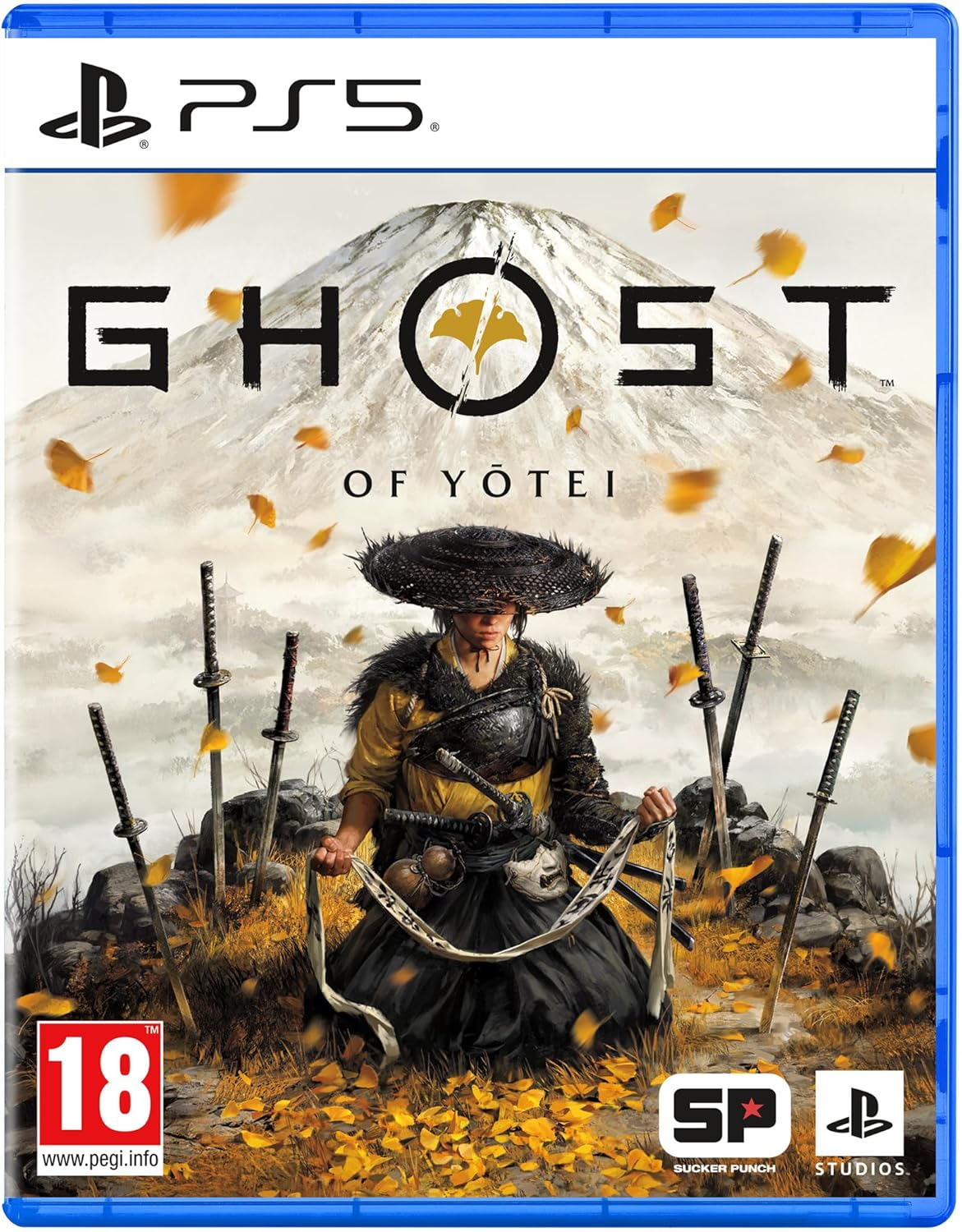 Ghost of Yōtei physical PS5 game case, featuring Atsu among swords and golden leaves beneath Mount Yōtei, with a PEGI 18 rating.
